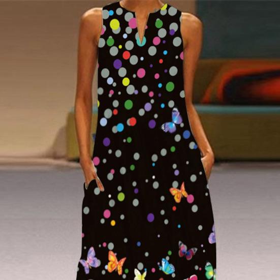 Stylish Women Dress Sleeveless Butterfly Print V Neck Large Hem Maxi Dress for Summer
