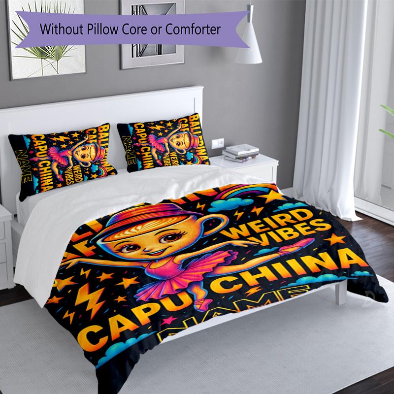 3pcs Custom Name Ballerina Capuchina Set,Includes 1 Duvet Cover and 2 Pillowcases,All-season Bedroom Decor