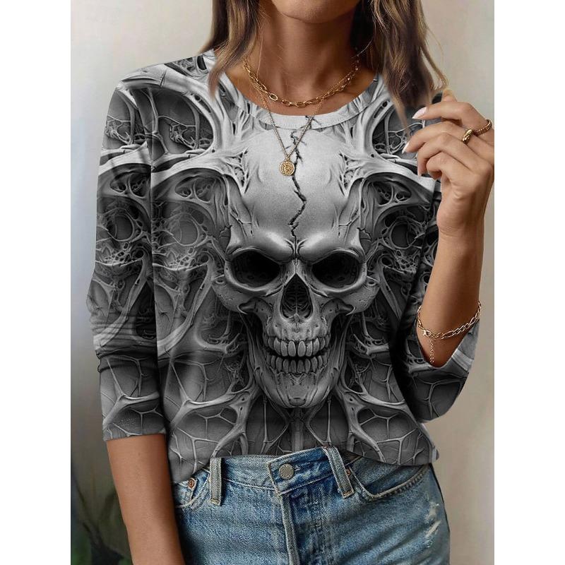 Ladies' Pattern Printed Round Neck Long Sleeve T-shirt Fashion Casual Top Pullover Clothing
