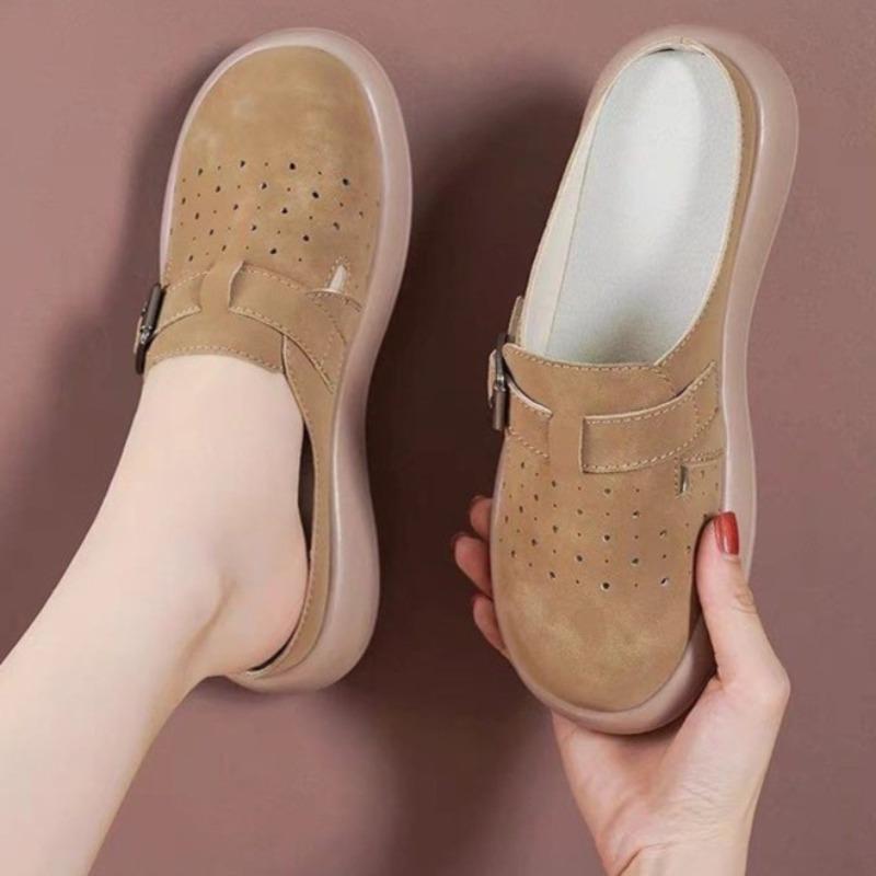 Fashion Spring New Baotou Slippers Women's Fashion Round Head Suede Metal Buckle Thick Soles Anti-slip Wear-resistant Flat Shoes