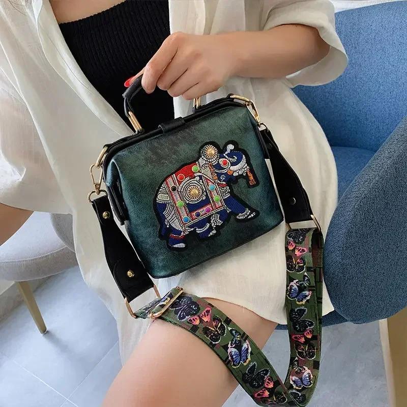 Luxury PU Leather Handbag Crossbody Bag, Elephant Embroidered Bags Purses Satchels Suitable for Daily Work, Party and Travel.