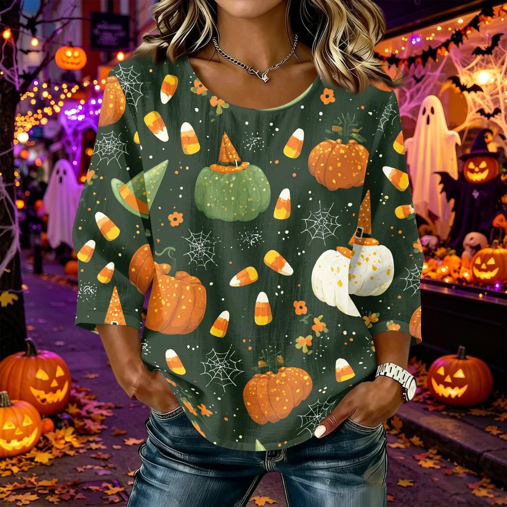 Damen Freizeit Halloween Kürbisdruck Rundhals Dreiviertelarm Leinen Baumwolle Mischgewebe Oberteil Leicht Bequeme Passform