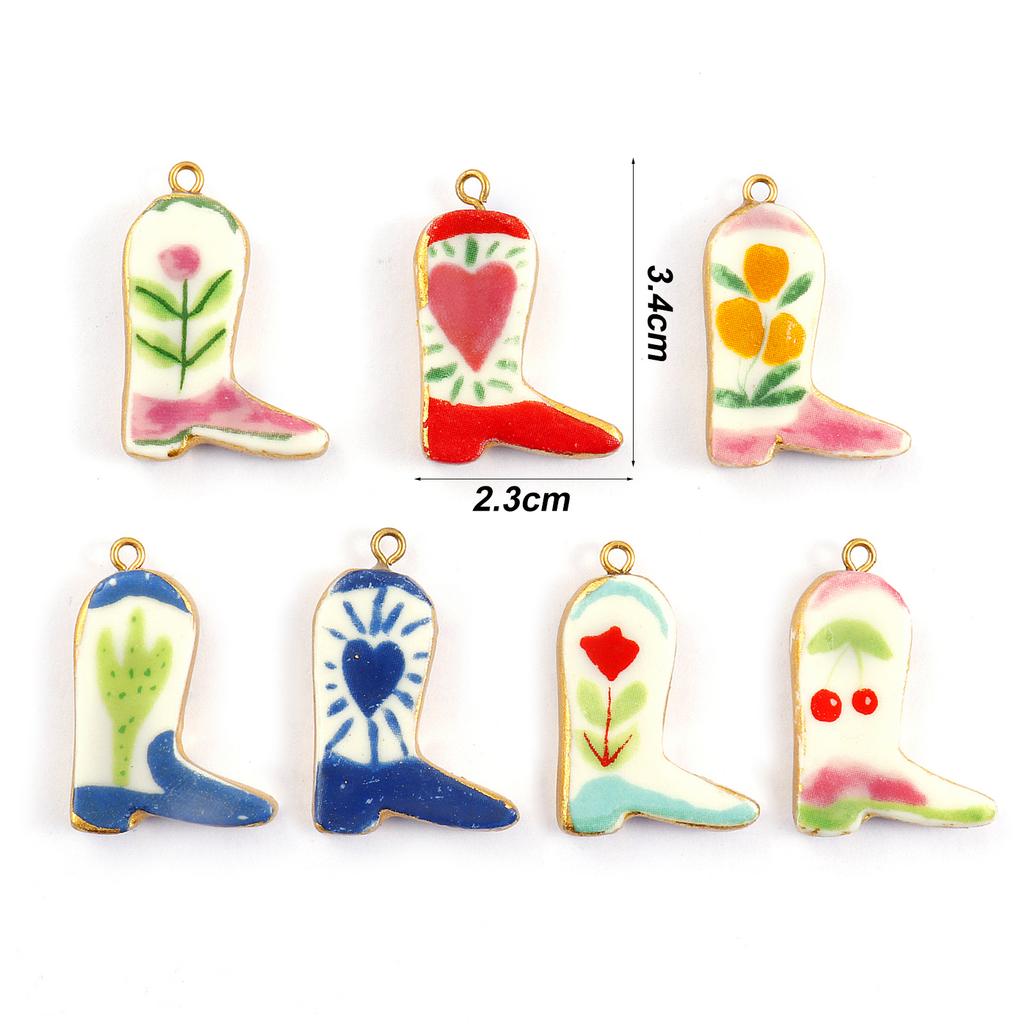 2PCs Ceramic West Cowboy Boots 304 Stainless Steel Pendants 18K Gold Plated Charms For Jewelry Neckalce Making 3.4cm x 2.3cm