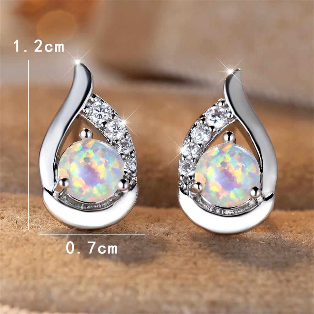 White Fire Opal Round Stone Stud Earrings For Women Vintage Black Rose Gold Silver Color Angel Wings Earring Engagement