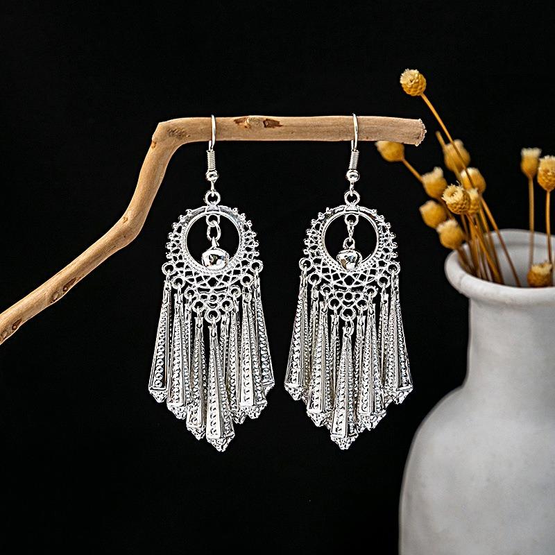 Miao geometric bells, fringed earrings, minority earrings, bohemian long leaf earrings