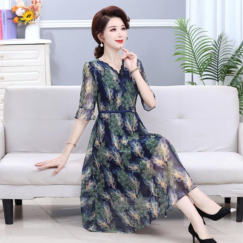 

Elegant Chiffon Floral Print Summer Dress for Women 40+ XL (110-125 jin) темно-синий