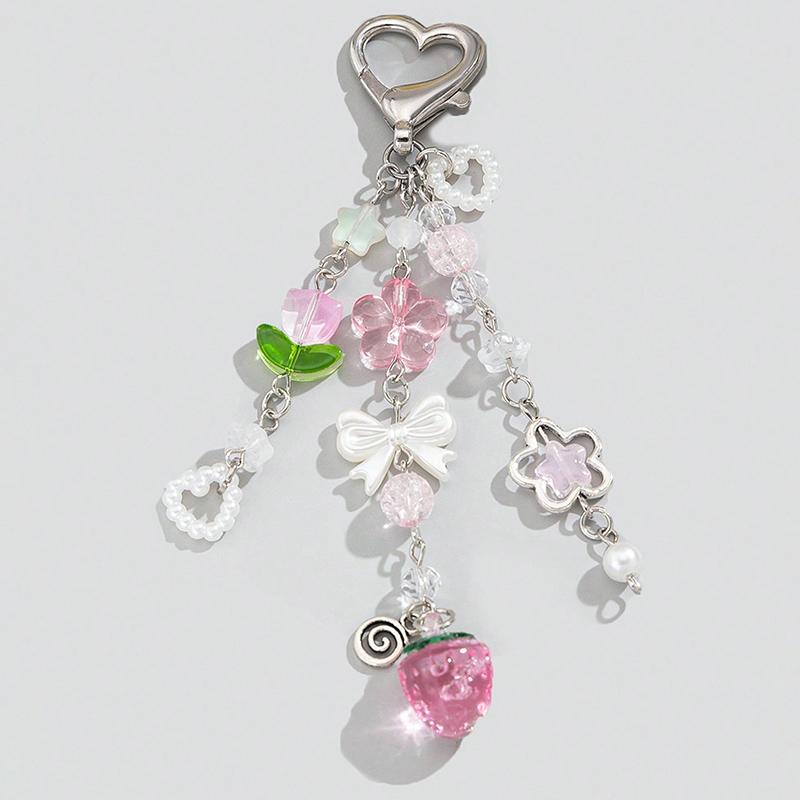 Imitation Pearl Bow Heart Pendant Bag Pendant Pink Strawberry Hollow Flower Tulip Beaded Keychain Accessories