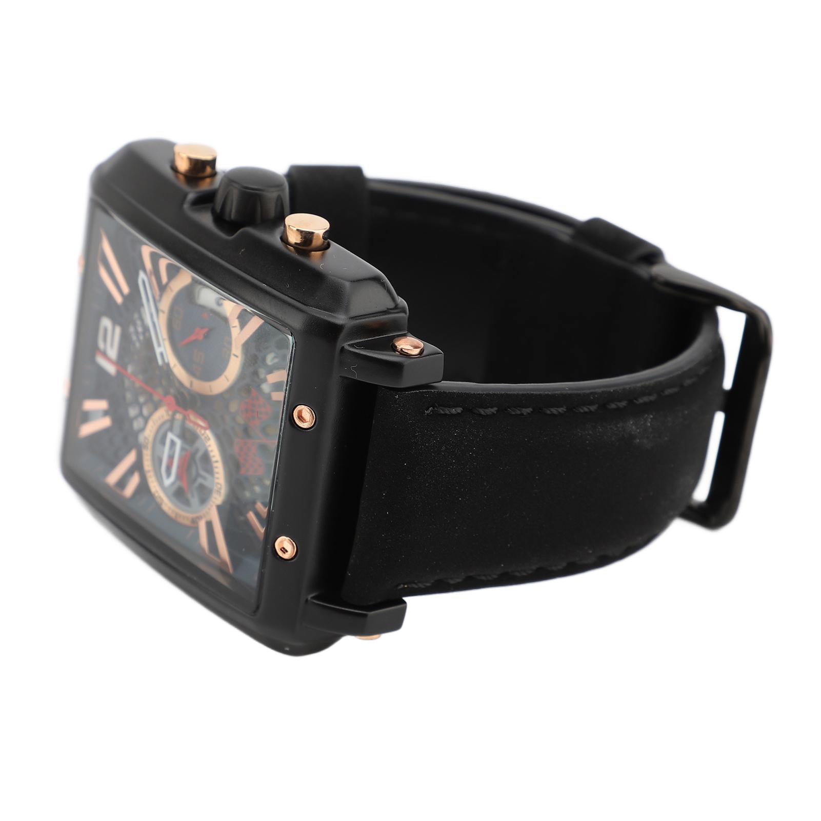 Analog Quartz Chronograph Watch Rectangular Dial Water Resistant Double Sub Dial Fashion Business Watch for Men Brown Black Strap Blue Dial