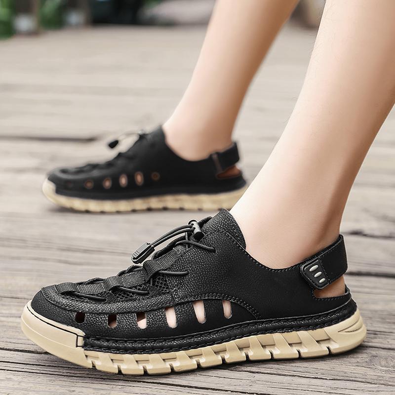 Men Sandals New Elastic Band Leather Hollow Breathable Comfortable Lightweight Summer Outdoor Beach Walking Sandals for Teen