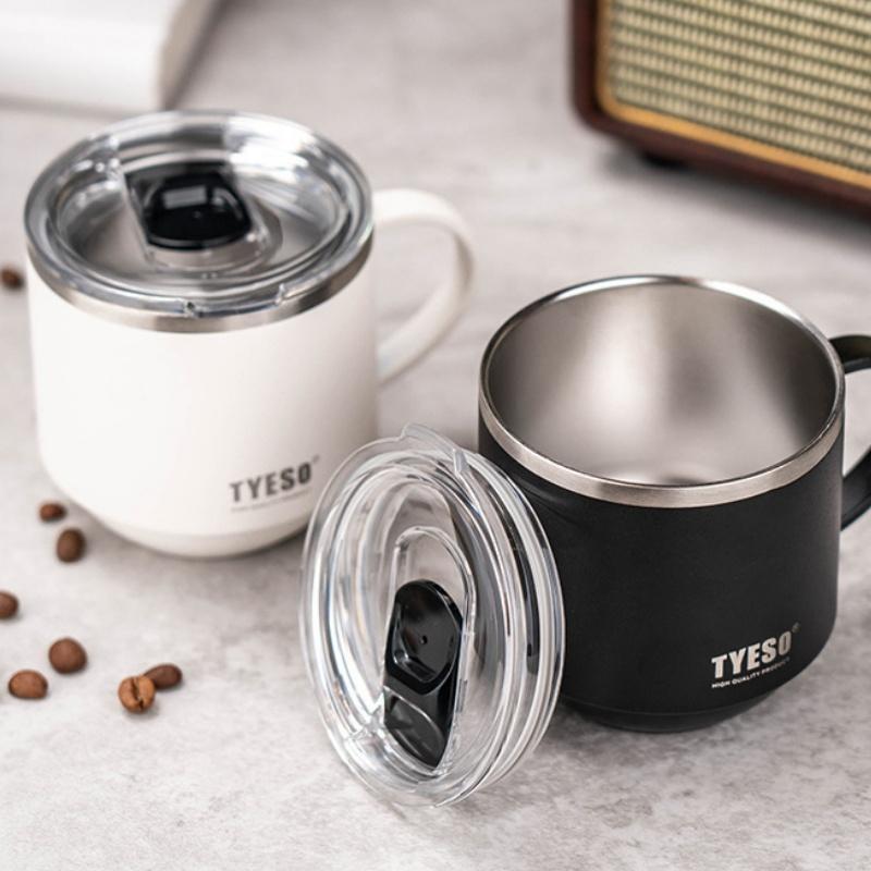 TYESO Stainless Steel Coffee Mug Durable Desktop Office Mug with Handle and Clear Lid Ideal for Hot Beverages and Everyday Use