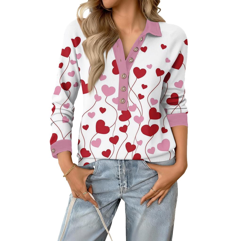Damen Retro Street Lässiger V-Ausschnitt Langarm Knopf Valentinstag Herz Pullover Top