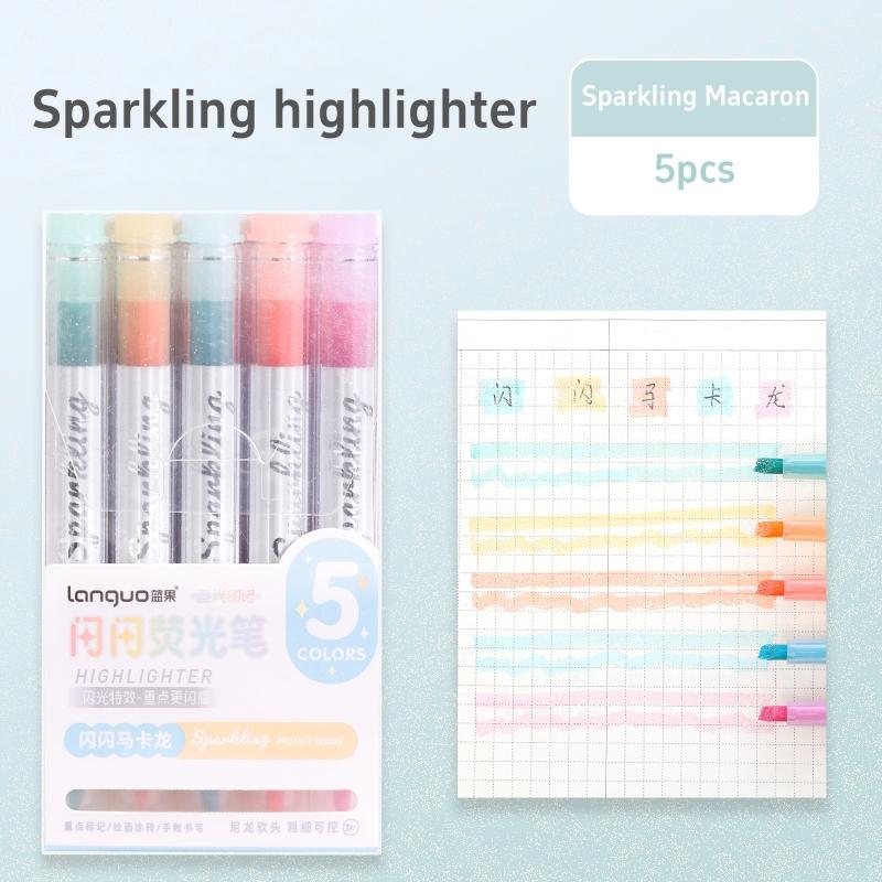 5pcs Mild Colors Highlighter Pens Set, Morandi Protect Vision Soft Chisel Brush Tip - Hued & Sparkling Fluorescent Markers