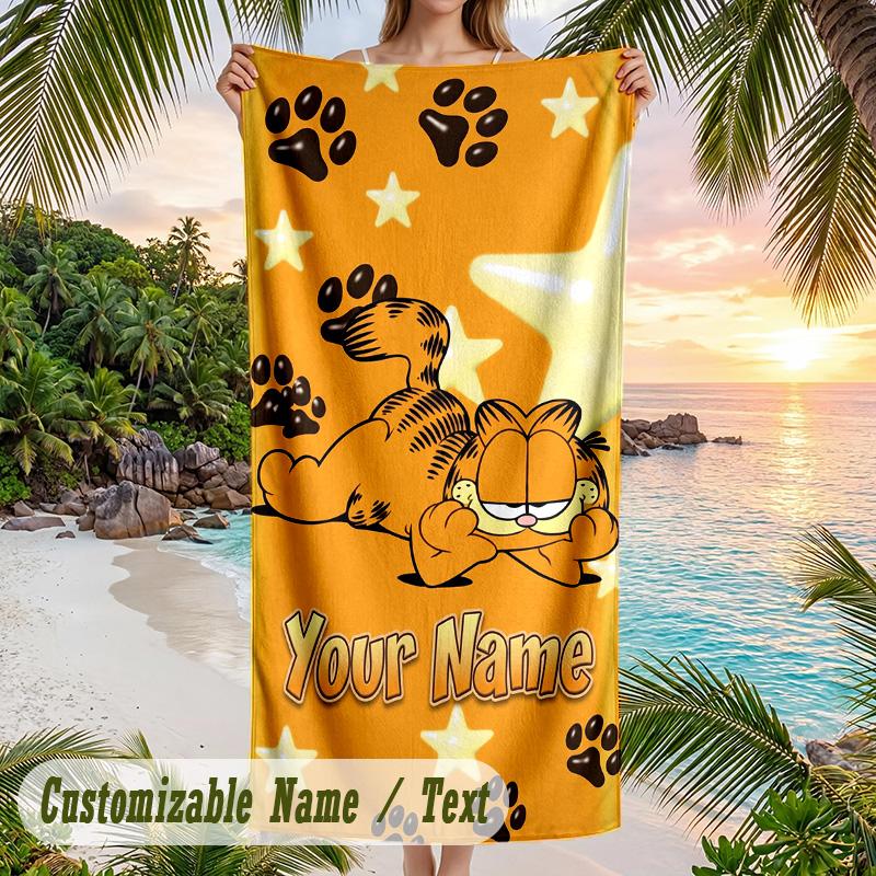 Garfield Beach Towel, Personalized Custom Text, Quick Dry Soft Large Towel For Swimming Pool Travel