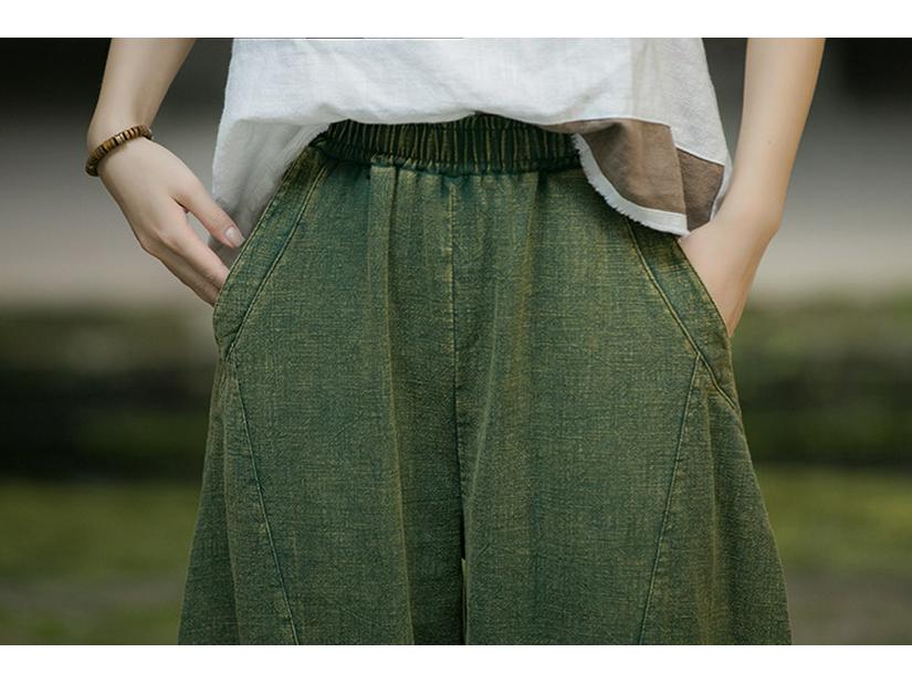 Pantaloni larghi a lanterna in ramiè effetto invecchiato da donna - Cotone e lino retrò per meditazione e Tai Chi