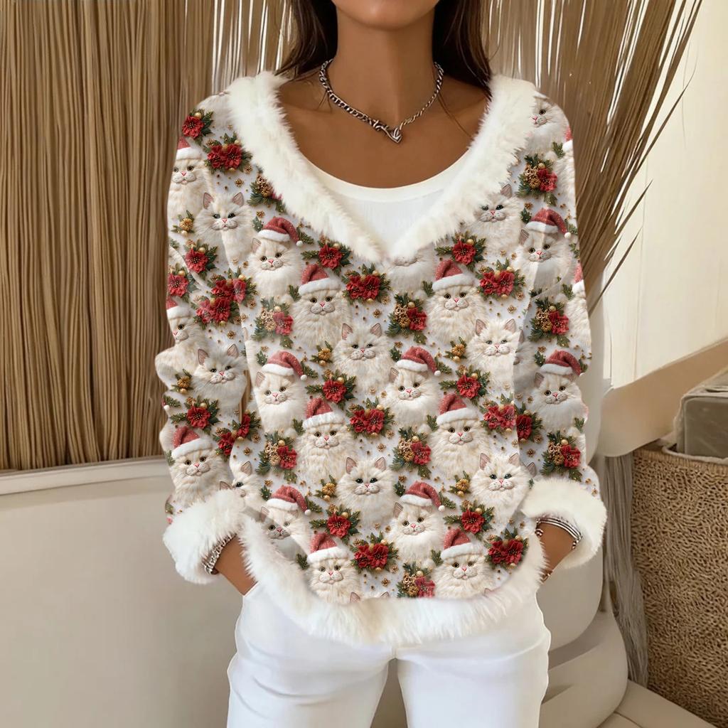 Dámský módní plyšový pulovr s výstřihem do V, tričko s dlouhým rukávem, vánoční potištěná mikina