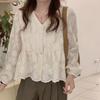 V-neck Summer Lace Shirt Korean Fashion Sweet Women's Long Sleeve Blouse Spring Flower Loose Tops Solid Casual Simple Office Elegant Fashion Clothing