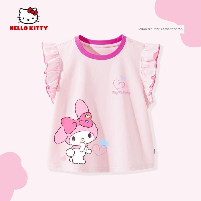 Hello Kitty Girls' T-Shirt Summer 2025 New Pink Girls' Flutter Sleeve Top Pure Cotton Children's Summer Clothing