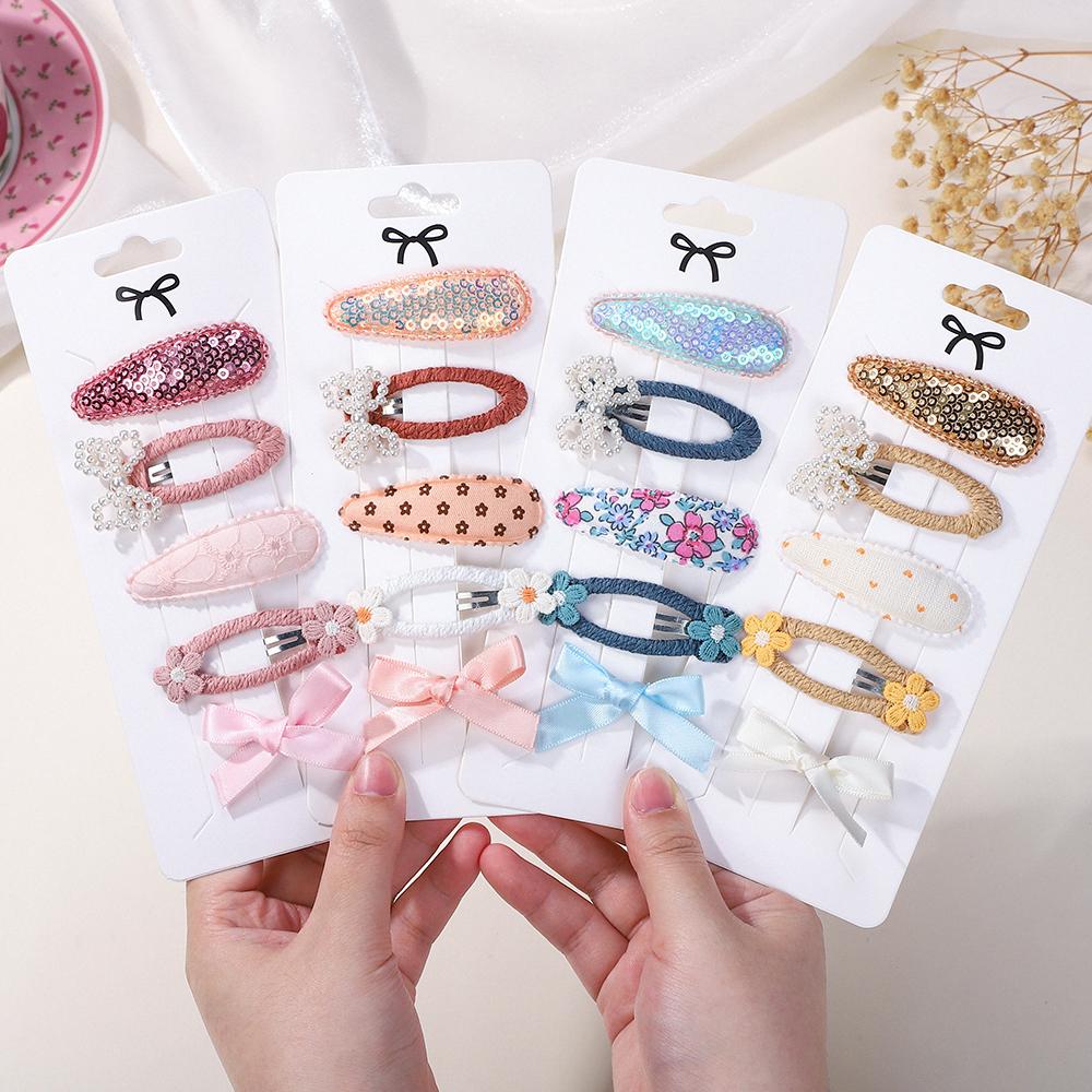 LOVEKIKI 4/5Pcs Glitter Hair Clip for Girl Ribbon Bows Hairpin Handmade Pearl Hair Bangs Side Clips Children Hair Accessories