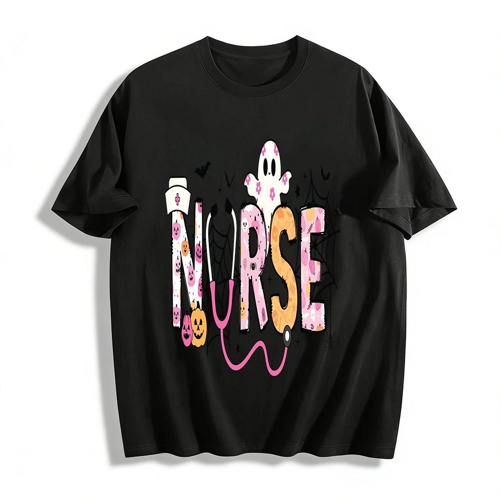 Halloween Themed Nurse Print Top Festive Medical Staff Casual T-Shirt Pure cotton T-shirt XXS