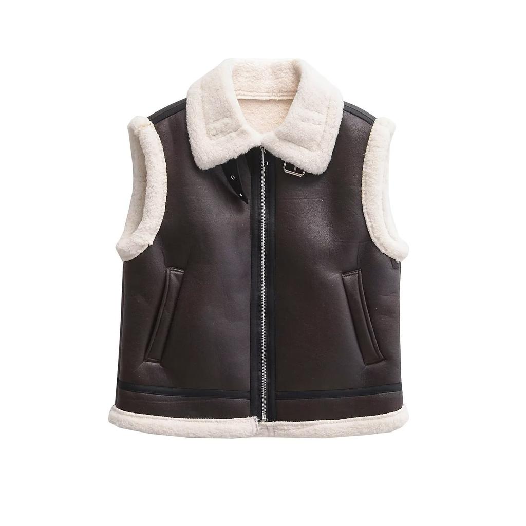 Autumn Winter Ladies Warm Fur Integrated Sleeveless Fleece Stitching Coat Vest Jacket