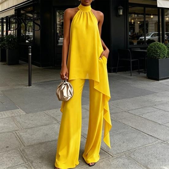 Comfortable Women Outfit Women's Chiffon 2 Piece Sets, Asymmetrical Halter Sleeveless Tops with Plus Size Casual Suit Wide Leg Pants Summer
