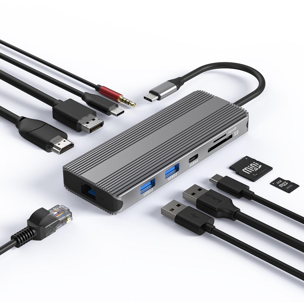 10 in 1 Usb C Hub Multi Dual 8K 120Hz 144Hz MST Docking Station With DP HDTV RJ45 Ethernet 100W Powered Usb3.0 Sd/tf Card Reader