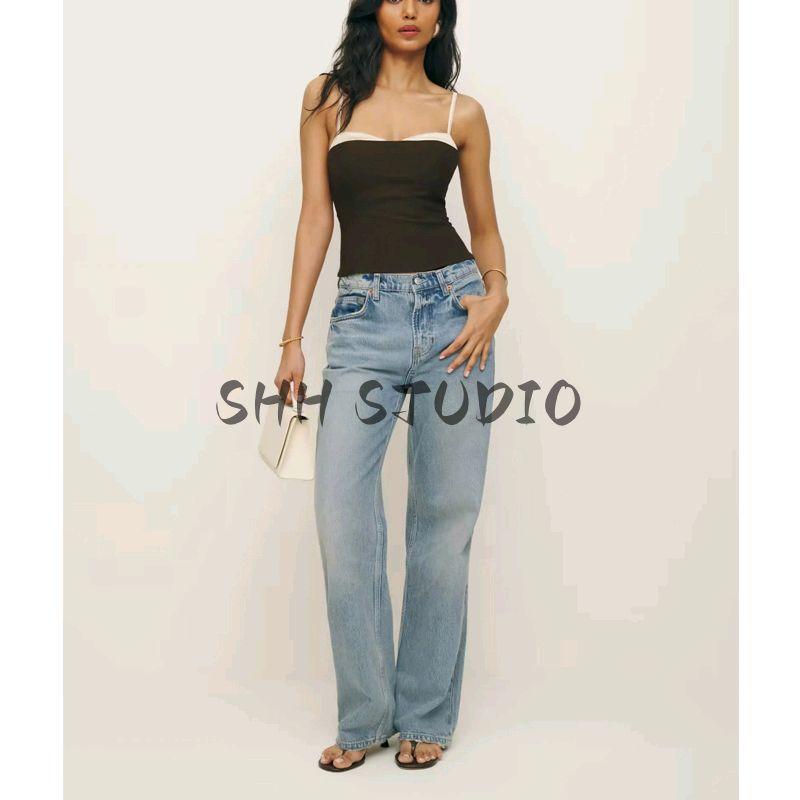Spring New Women's Clothing French Retro Sexy Slim Fit Tube Top Contrast Color Design Short Spaghetti-Strap Camisole Top