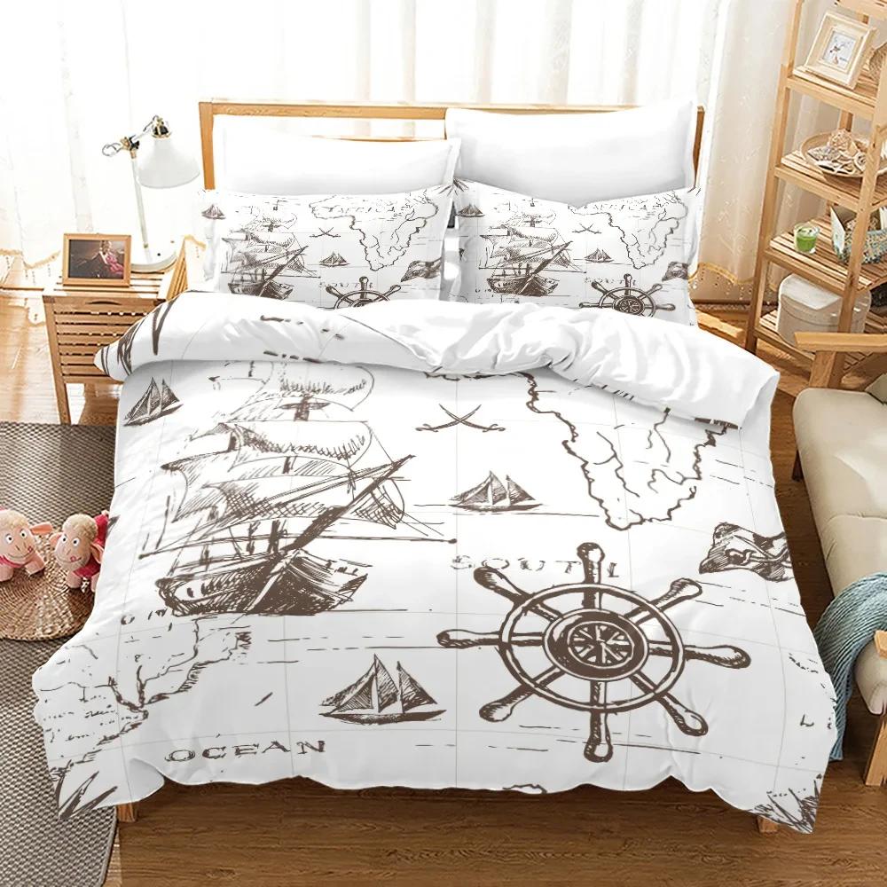 Nautical Pirate Duvet Cover Set Sailboat Theme Bedding Set Palm Tree Island Treasure Hawaiian Beach Cartoon Comforter Cover Full