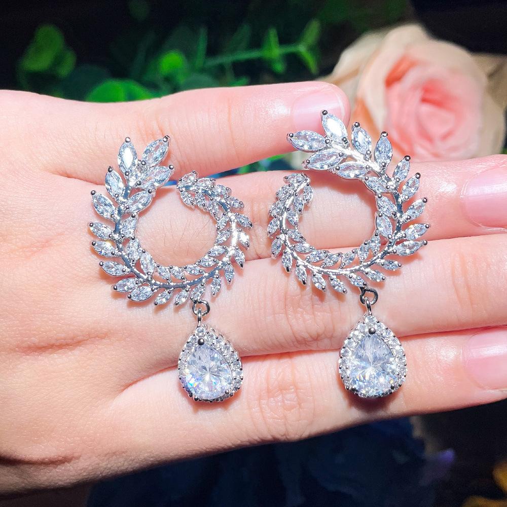 

Leaves Full Of Diamonds Zircon Water Drop Stud Earrings Personalized Branches Swirling Wheat Ears Earrings