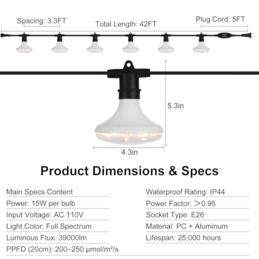 Outdoor Grow Lights Waterproof Full Spectrum String Grow Light with 22FT Light String Cord for Seedling Veg Flower in Greenhous