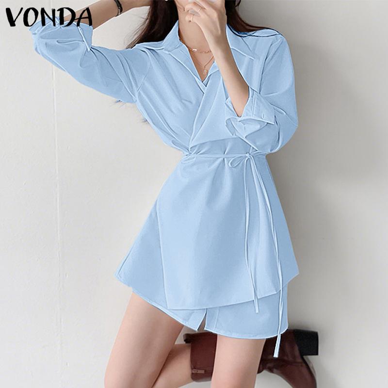 VONDA Women Casual Turn Down Collar Long Sleeve Front Cross Shirt Dress