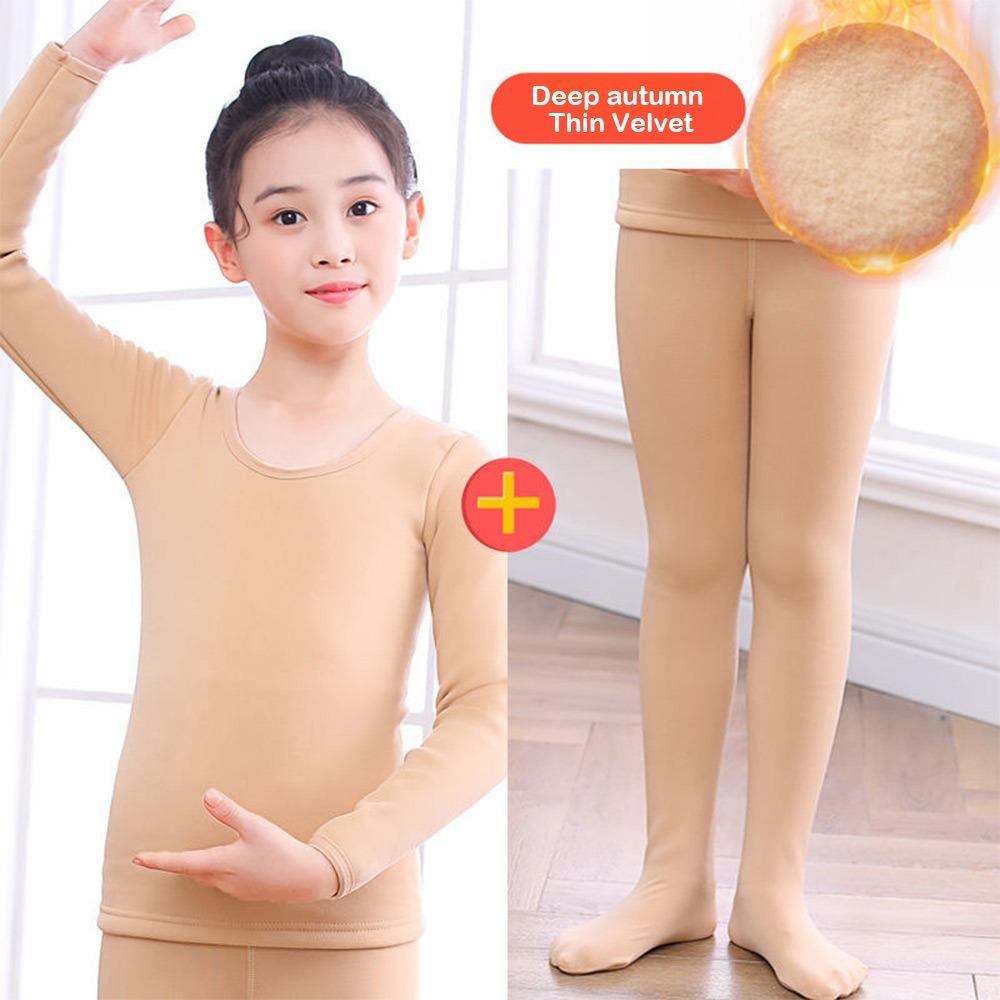 Fashion Winter Kids Thermal Underwear Suits Nude Color Fleece Ballet Underwear Set Warm Stretch Leotard