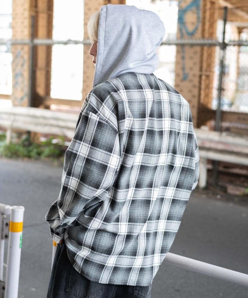 WEGO Unisex Check Ombre Check Long Flannel Casual Size Black Check Men's Shirt, Hoodie, Sleeve, Shirt, Outerwear, Fall/Winter Gift, L,