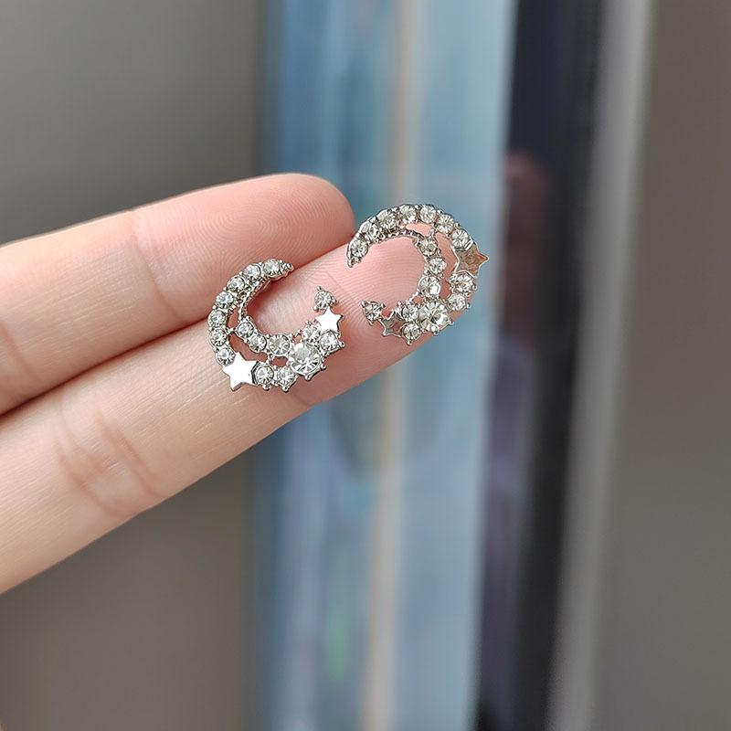 Koreanisches Designgefühl Sterne Mond Ohrstecker Weibliche Ins Style Temperament Super Fee Volldiamant Ohrringe 925 Ohrringe