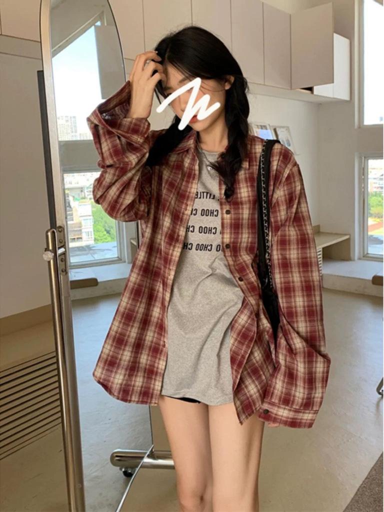 Women's Red Plaid Loose-Fit Long Sleeve Shirt - Korean Style Casual Sun Protection for Spring/Summer