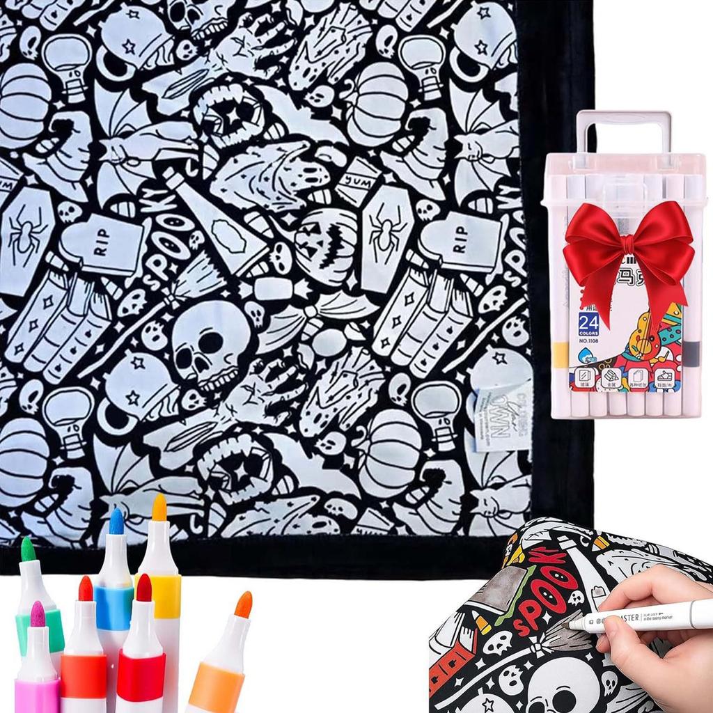 24Color Pens DIY Coloring Blanket with Markers Color Your Own Blanket Washable Reusable Soft Cozy Fleece Drawing Mat for Friends