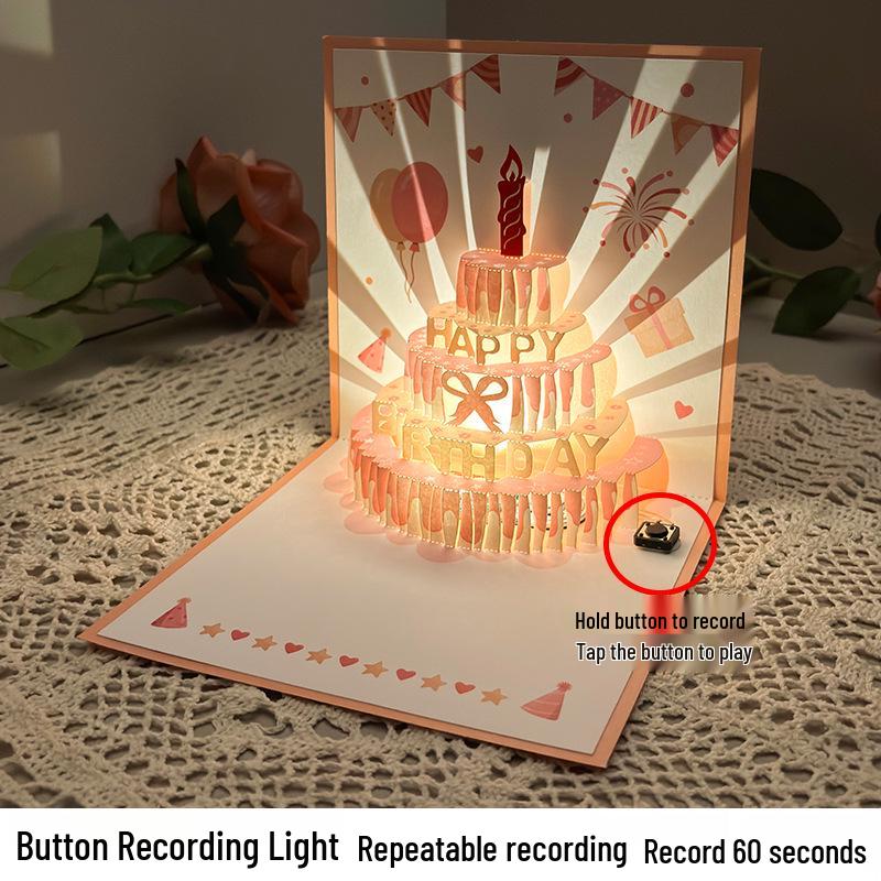 Dźwiękowa kartka urodzinowa 3D Pop-Up ze światłem do nagrywania - Wzór tortu na prezent dla chłopaka/dziewczyny