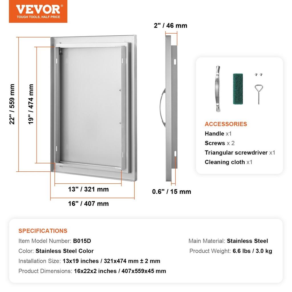 BBQ Access Door, 407x559 Mm Single Outdoor Kitchen Door, Stainless Steel Flush Mount Door, Wall Vertical Door with Handle, for BBQ Island, Grilling
