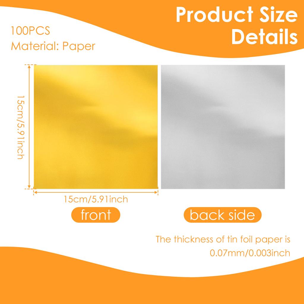 100 Pcs Gold Flashing Square Tin Foil Heavy Duty Aluminum Foil Sheet DIY Engraving Tinfoil for Painting Engraving and Embossing