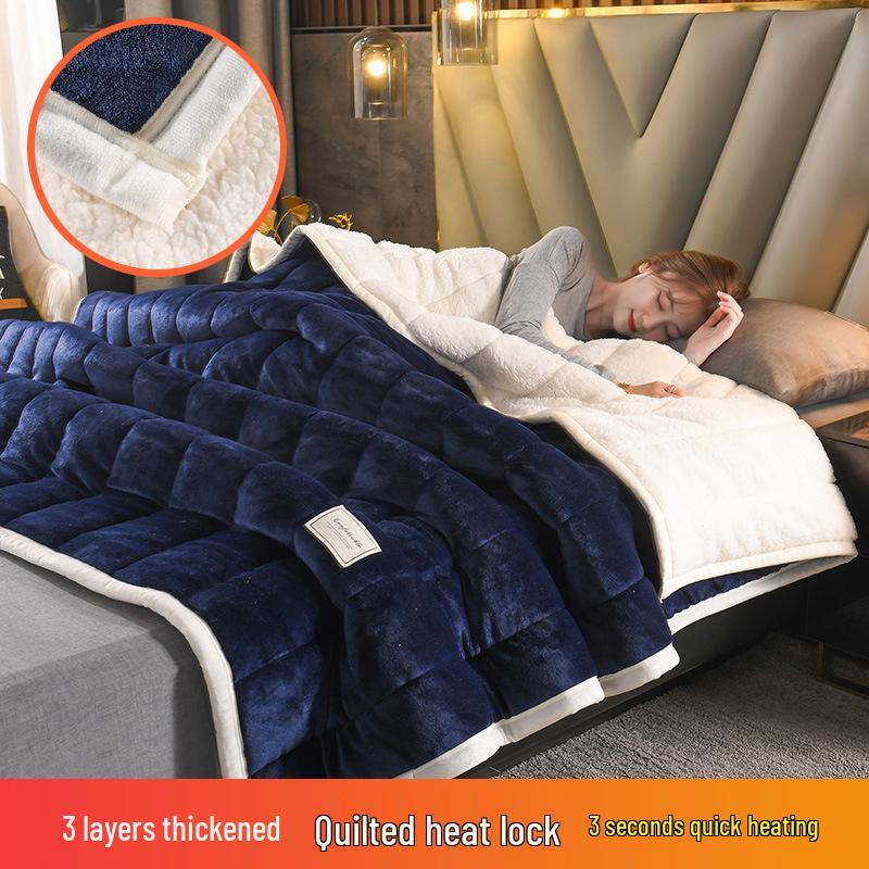 Thick Three-Layer Quilted Milk Velvet Lambswool Flannel Blanket for Autumn and Winter Warmth