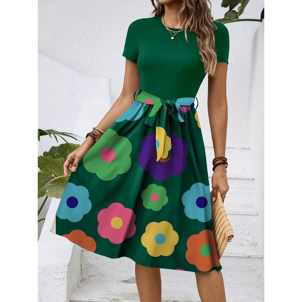 Dámské módní retro vzorované tištěné barevně blokované šaty