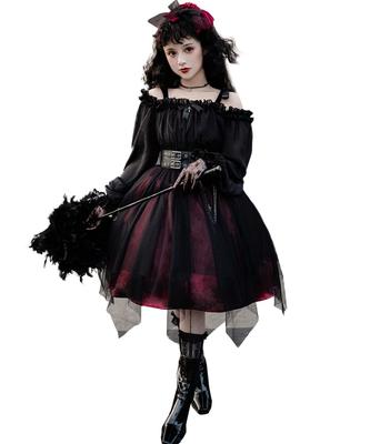 Milky Time Gothic Lolita Dress, Black and Red, with Chiffon Chains, Cosplay Costume for Women (Small, Red)