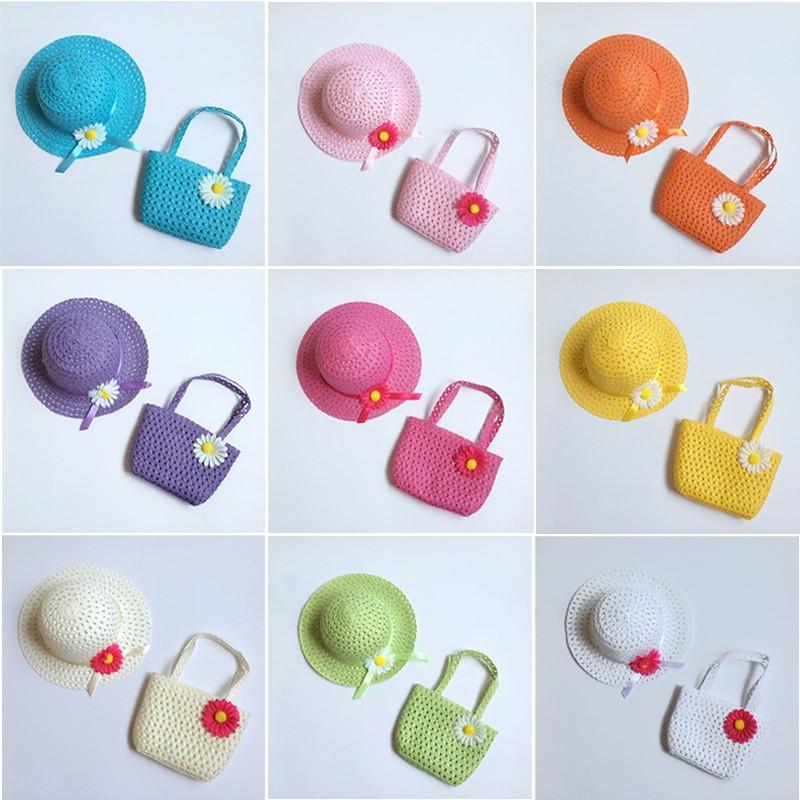 Children Charm Princess Straw Baby Girl Sun Beach Hat Flower Cap & Handbag Lovely Summer