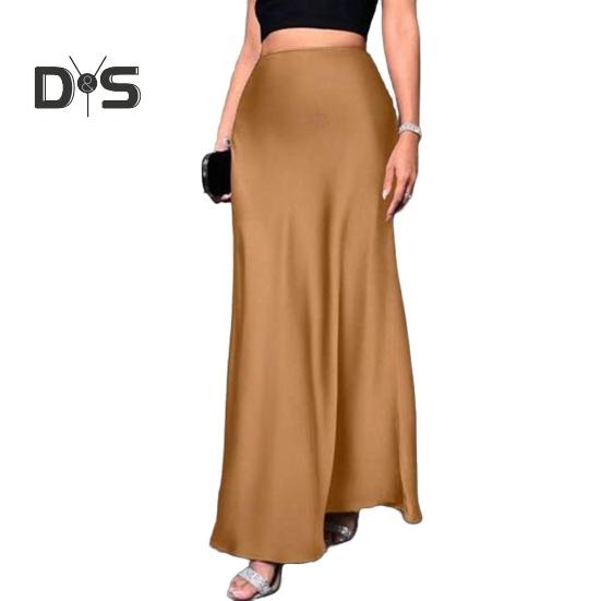 Women Fishtail Skirt High Waist Solid Color Smooth Surface A-Line Maxi Skirt Work Leisure Daily Wear
