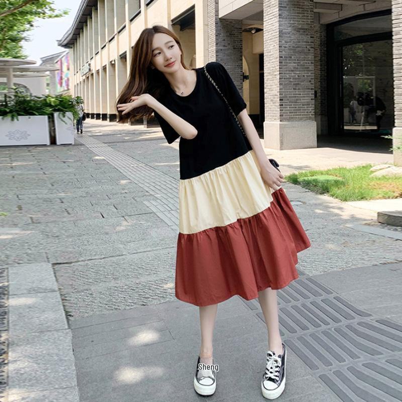 Maternity Summer A-line Knee-Length Dress with Contrast Color Splicing