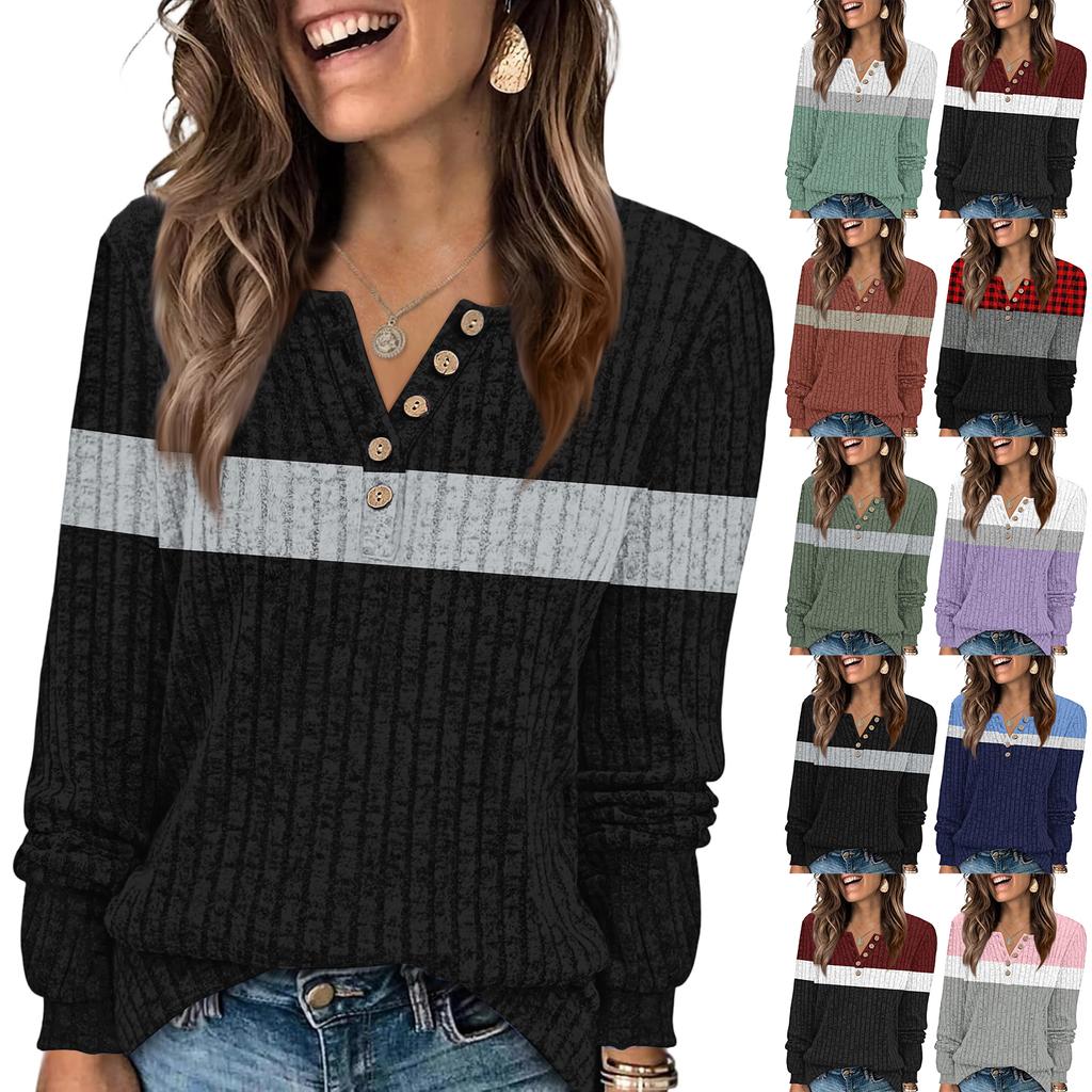 Women's Fashion V-Neck Button-Front T-Shirt With Striped Patchwork Print Long-Sleeved Top