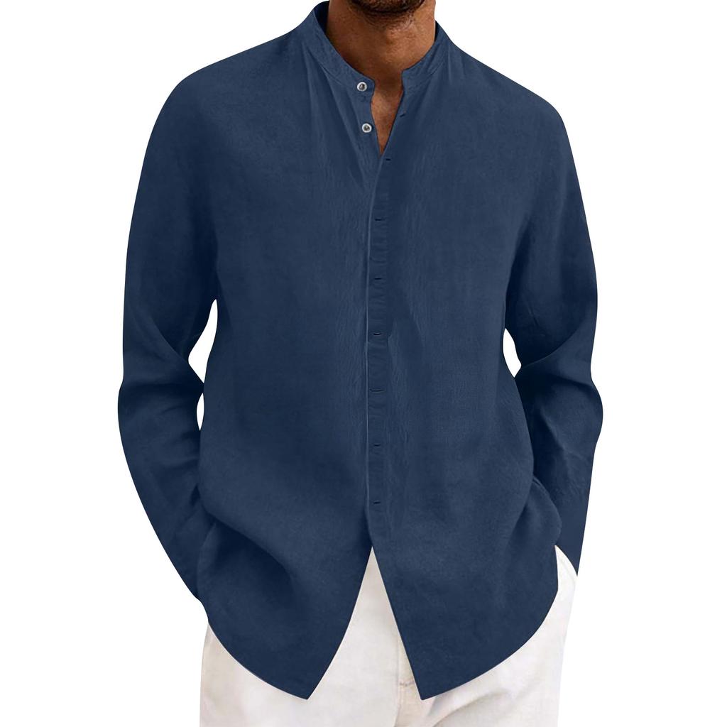 Men's Cotton And Linen Shirt, Pullover With Buttons, Short-sleeved Stand-up Collar Shirt