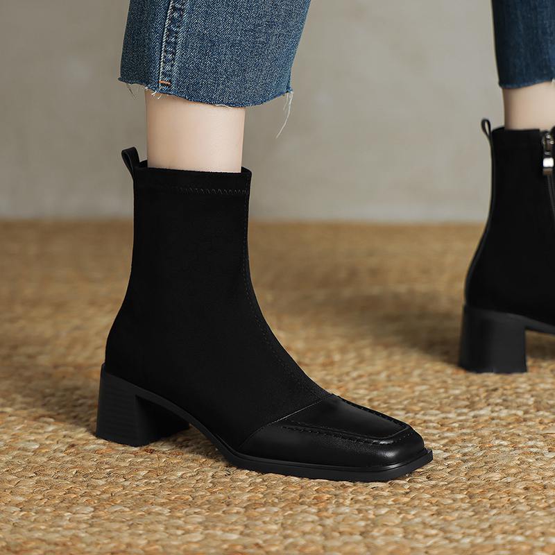Krazing Pot Cow Skin Winter Square Toe Chelsea Boots Med Heels Zipper Women Flock Patch Work Ankle Boots