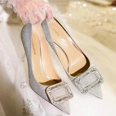 Wedding Shoes Female Pointy Diamond Square Buckle Temperament Adult Gift Single Shoes Bridal High Heels