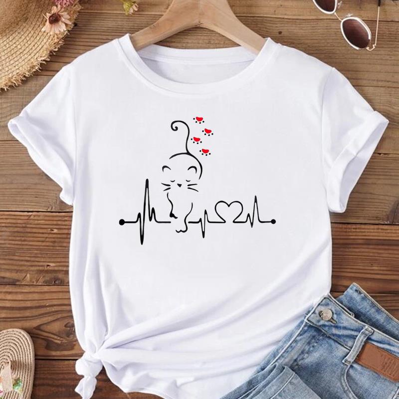 European Size T Shirt Women Cat Face Style Trend 90s Print Tee Top Fashion Female Clothing Short Sleeve Graphic T-shirts